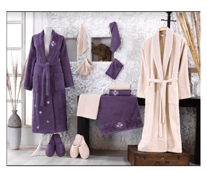 Couple Bath Robe Cotton Set - Purple and Beige - Zoom Image