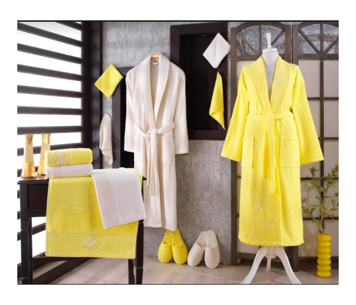 Couple Bath Robe Cotton Set - Yellow and White - Zoom Image