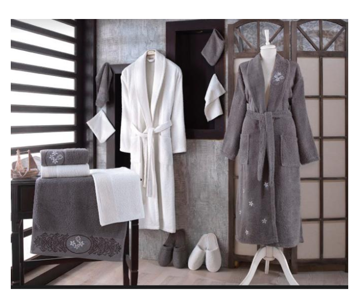 Couple Bath Robe Cotton Set - Grey and White - Zoom Image