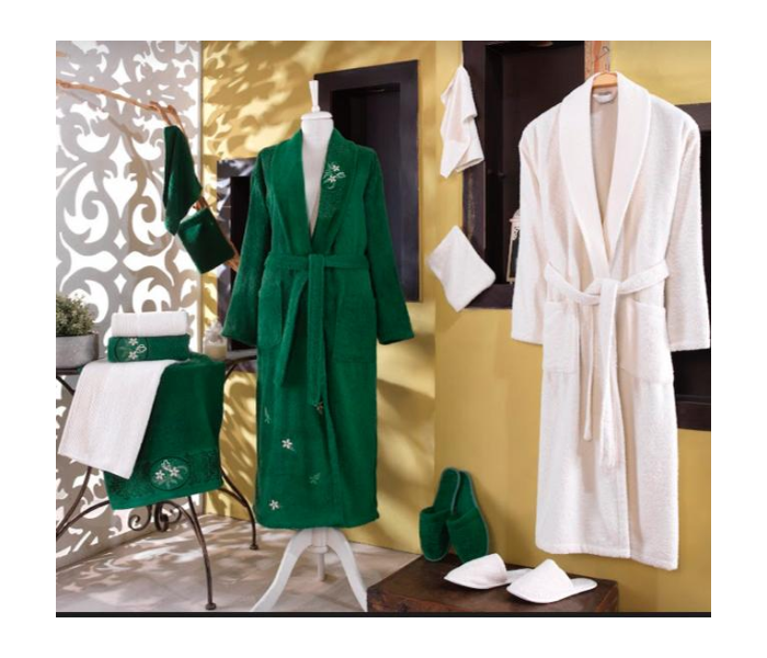 Couple Bath Robe Cotton Set - Green and White - Zoom Image