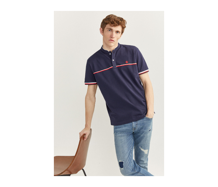 Springfield SS20 Basic Solid Slim Fit Polo T-Shirt With Double Mandarin Collar X-Small For Men – Navy Blue - Zoom Image 1