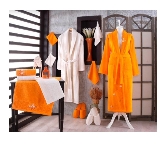 Couple Bath Robe Cotton Set - Orange and White - Zoom Image