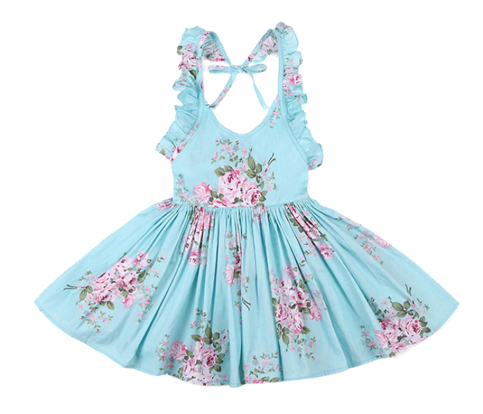 Little Wings Summer 3 Years Vintage Floral Print Casual Boho Toddler Valentine Frock - Sky Blue - Zoom Image 1