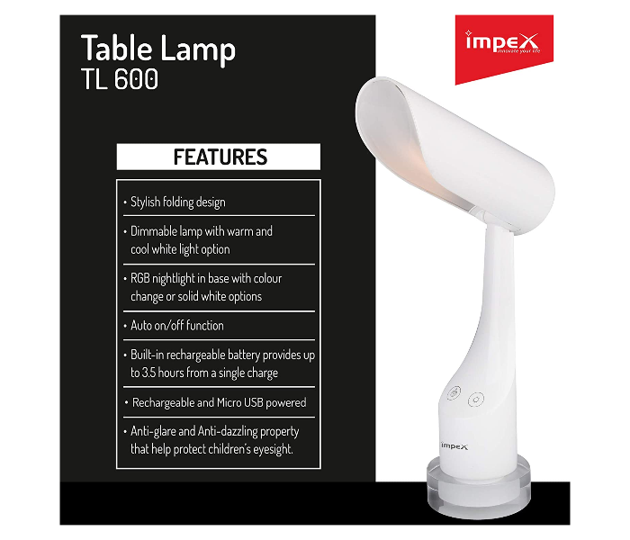 Impex TL 600 Rechargeable LED Table Lamp - White - Zoom Image 3