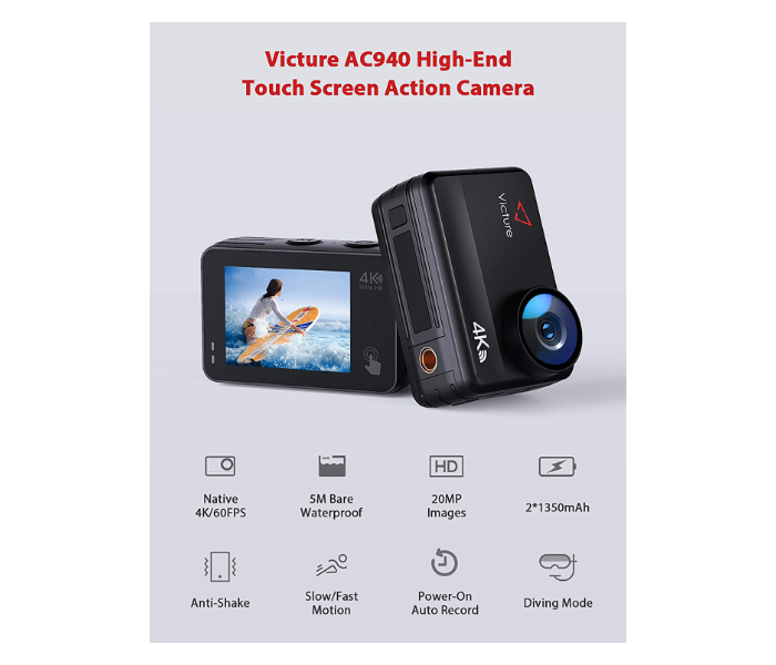 Victure AC940 20MP Native 4K 60FPS 5M Bare Metal Waterproof Action Camera - Black  - Zoom Image 2