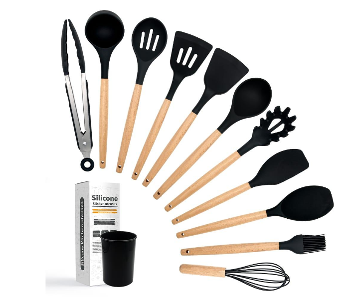 Silicone Spatula 11 Piece Kitchen Utensils Set - Black and Beige - Zoom Image 1