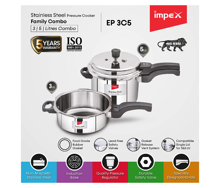 Impex EP3C5 3 Litre and 5 Litre Combo Stainless Steel Pressure Cooker - Silver - Zoom Image 2