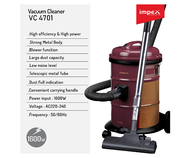 Impex VC4701 1600W Drum Vacuum Cleaner - Maroon - Zoom Image 2