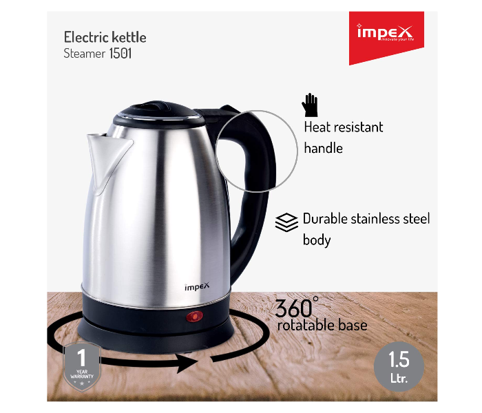 Impex Steamer 1501 1.5 Litre Stainless Steel Electric Kettle - Black and Silver - Zoom Image 3