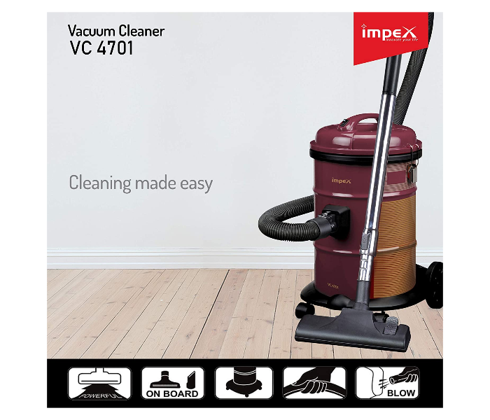 Impex VC4701 1600W Drum Vacuum Cleaner - Maroon - Zoom Image 3