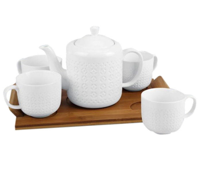 Royalford RF9240 6 Pieces Porcelain Tea Set with Wooden Stand - 5inches, White & Beige - Zoom Image 5