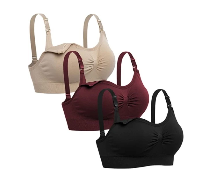 Pack of 3 Medium Lataly Womens Seamless Nursing Bra Sleeping Maternity Bralette for Breastfeeding - Red,Beige and Black - Zoom Image 1