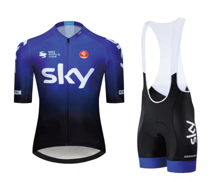 Mens Large Cycling Jersey Bib Set Full Zip Coolmax Polyester 9D Pad Sky Racing Team Design - Blue and Black - Zoom Image 1