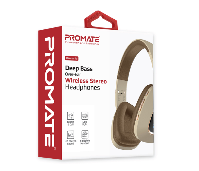 Promate Bavaria Bluetooth Over Ear Deep Bass Wireless Headset with LED Light Earcup - Beige - Zoom Image 6