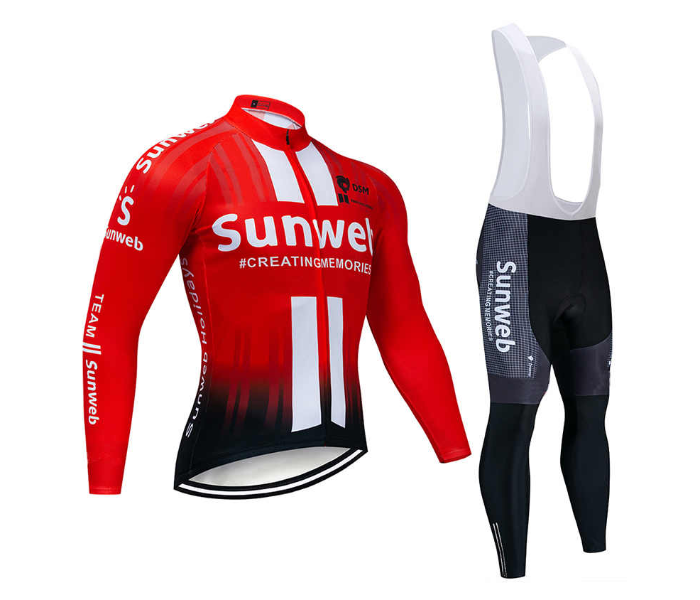 Mens Large Long Sleeve Cycling Jersey Set Full Zip Coolmax Polyester 9D Pad Sunweb Design - Orange - Zoom Image 1