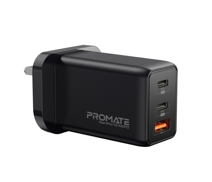 Promate GANPORT3-65PD 65W USB Type-C Laptop Charger Power Delivery Wall Adapter with 30W USB-A Charging Port - Black - Zoom Image 1