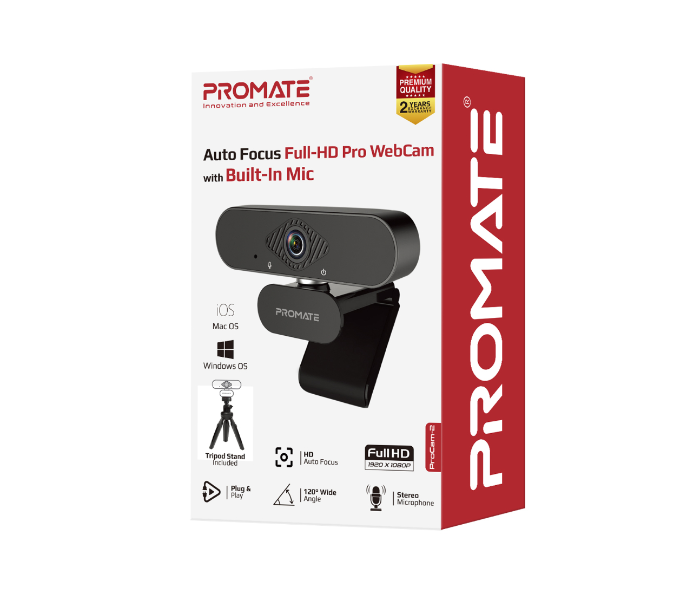 Promate ProCam-2 Full HD Webcam with Noise Reduction Mic - Black - Zoom Image 6