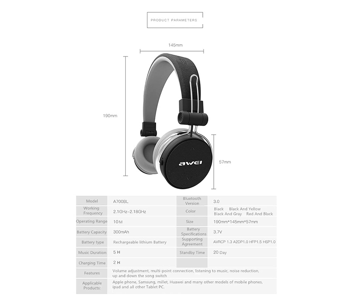 Awei A700BL Bluetooth Headphone - Black - Zoom Image 4