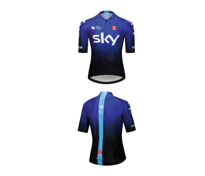 Mens Extra Large Cycling Jersey Bib Set Full Zip Coolmax Polyester 9D Pad Sky Racing Team Design - Blue and Black - Zoom Image 2