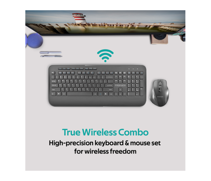 Promate ProCombo-8 Arabic English Wireless Keyboard and Mouse Combo - Black - Zoom Image 2