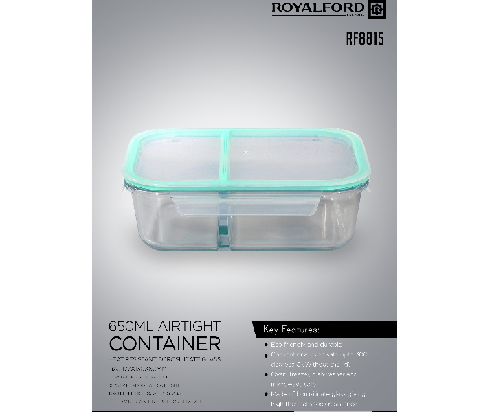 Royalford RF8815 2 Compartment Rectangular Glass Airtight Food Container - Clear & Turquoise - Zoom Image 3