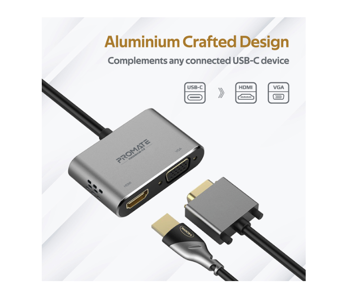 Promate Mediahub-C2 Usb-C To VGA And HDMI Adapter - Grey - Zoom Image 4