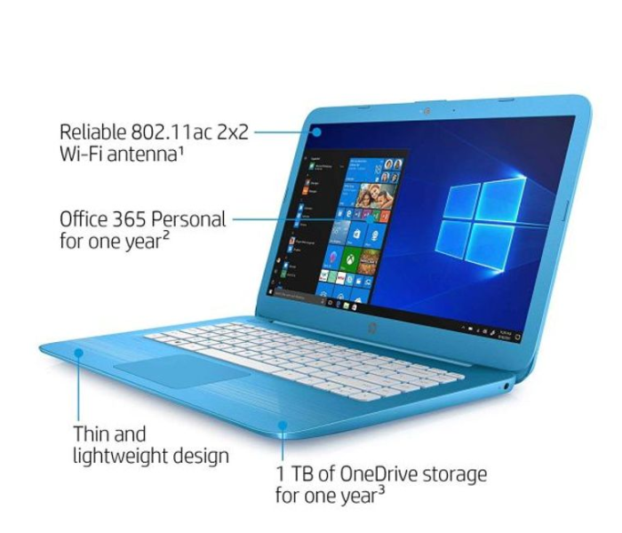 HP Stream 5MP87UA 14-CB070NR 14 inch Intel Celeron 4GB RAM 64GB eMMC Flash Drive Intel HD Graphics 400 Windows 10 - Aqua Blue - Zoom Image 2