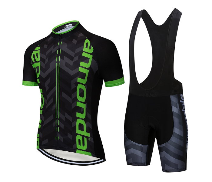 Mens Large Cycling Jersey Bib Set Full Zip Coolmax Polyester 9D Pad Cannondale - Green and Black - Zoom Image 1