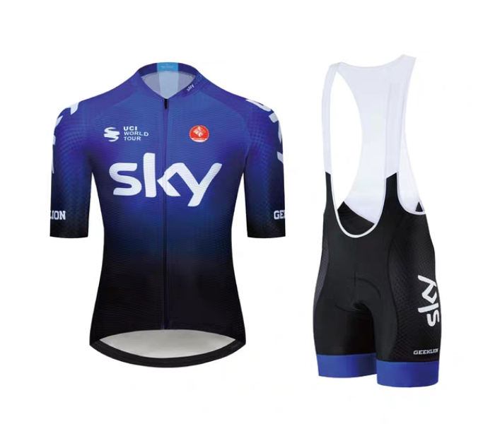 Mens Medium Cycling Jersey Bib Set Full Zip Coolmax Polyester 9D Pad Sky Racing Team Design - Blue and Black - Zoom Image 1