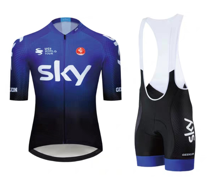 Mens XXL Cycling Jersey Bib Set Full Zip Coolmax Polyester 9D Pad Sky Racing Team Design - Blue and Black - Zoom Image 1