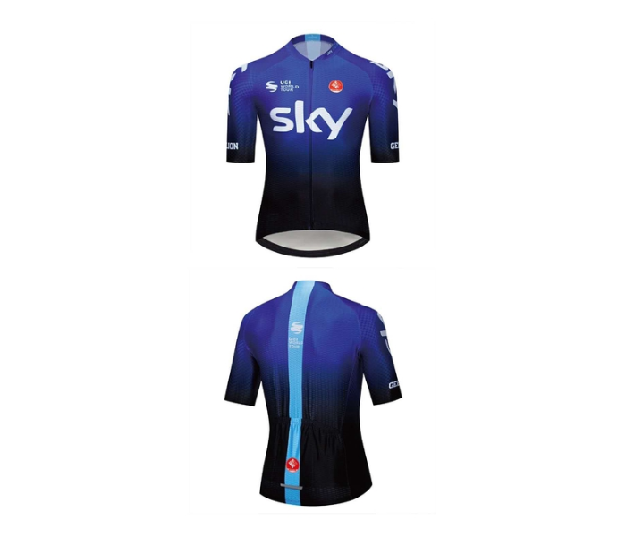 Mens Small Cycling Jersey Bib Set Full Zip Coolmax Polyester 9D Pad Sky Racing Team Design - Blue and Black - Zoom Image 2