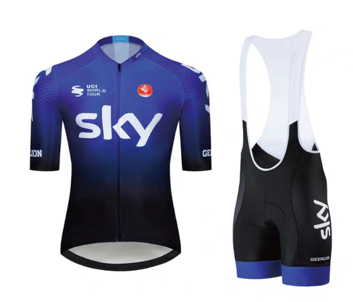 Mens Small Cycling Jersey Bib Set Full Zip Coolmax Polyester 9D Pad Sky Racing Team Design - Blue and Black - Zoom Image 1