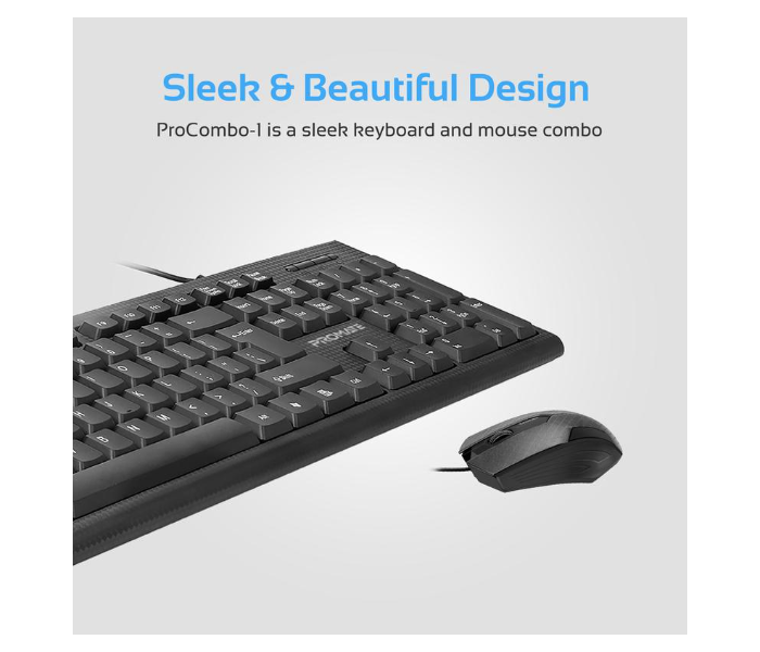 Promate Combo-KM1 Ergonomic Wired USB Full-Size Keyboard and Mouse Combo - Black - Zoom Image 2