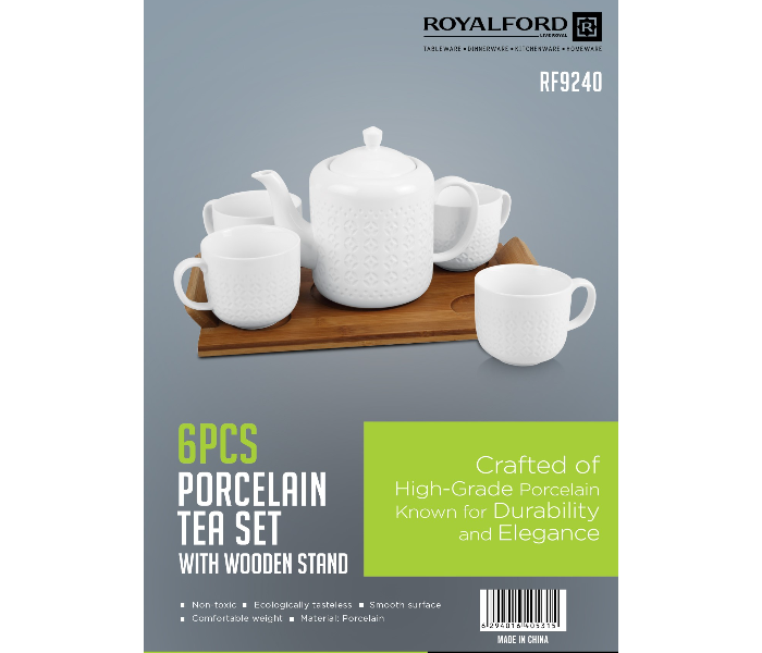 Royalford RF9240 6 Pieces Porcelain Tea Set with Wooden Stand - 5inches, White & Beige - Zoom Image 6