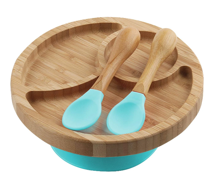 Baby Toddler Feeding Suction Plate and Soft Tip Spoon Babies Set - Blue - Zoom Image