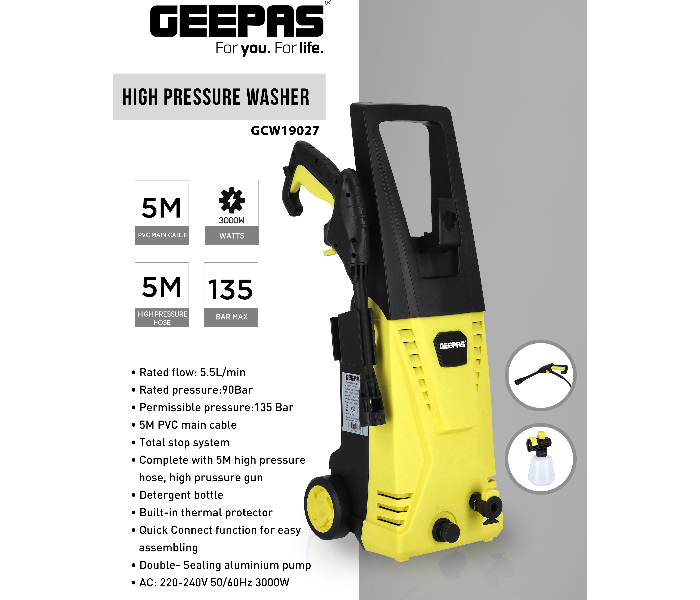 Geepas GCW19027 3000 Watts High Pressure Car Washer - Yellow and Black - Zoom Image 5