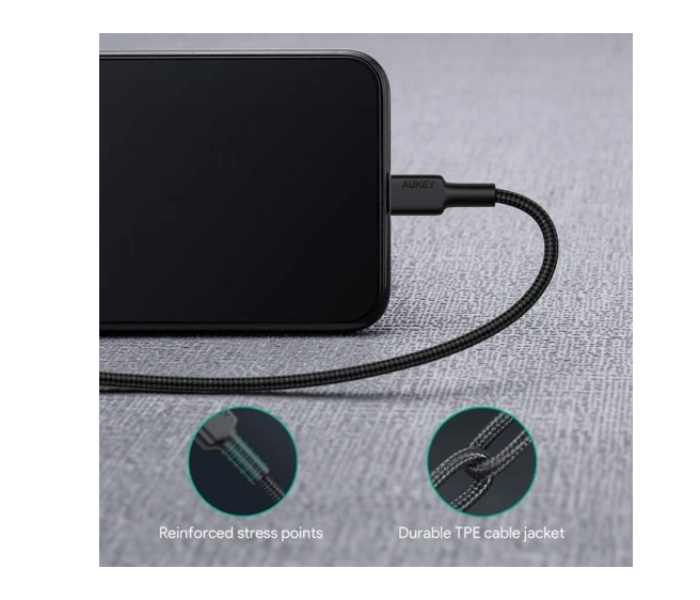 Aukey 1.2 Meter Braided Nylon MFi USB-C to Lightning Cable - Black - Zoom Image 2