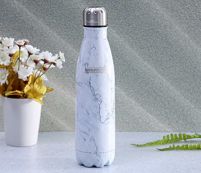 Royalford RF9477 500ml Stainless Steel Marble Design Vacuum Bottle - White, Silver & Blue - Zoom Image 1