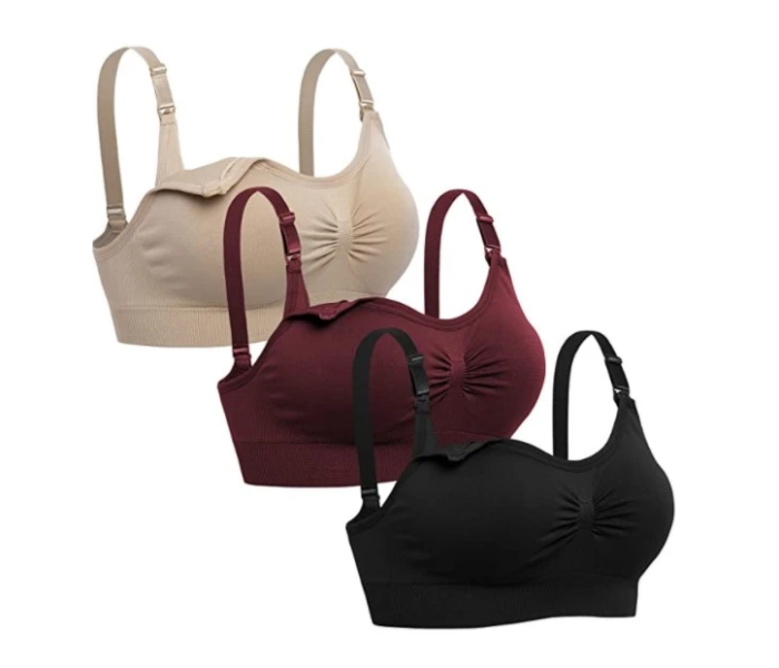 Pack of 3 Double Extra Large Lataly Womens Seamless Nursing Bra Sleeping Maternity Bralette for Breastfeeding - Red,Beige and Black - Zoom Image 1