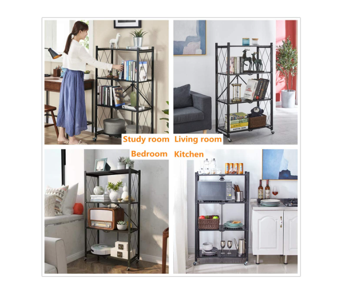 Folding Storage Shelf Metal Rack with Rolling Wheel - Black - Zoom Image 4