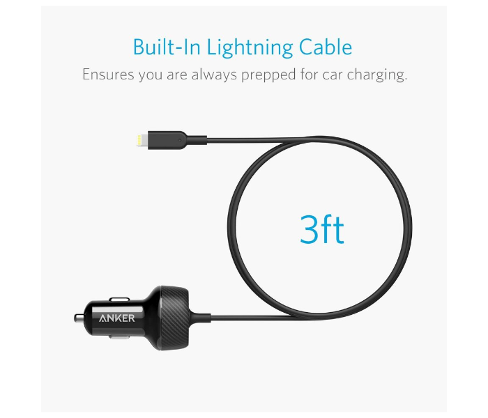 Anker A2214H11 Powerdrive 2 Elite 24W 2 Port Lightning Car Charger with 3 ft MFI Certified Lightning Cable - Black - Zoom Image 3