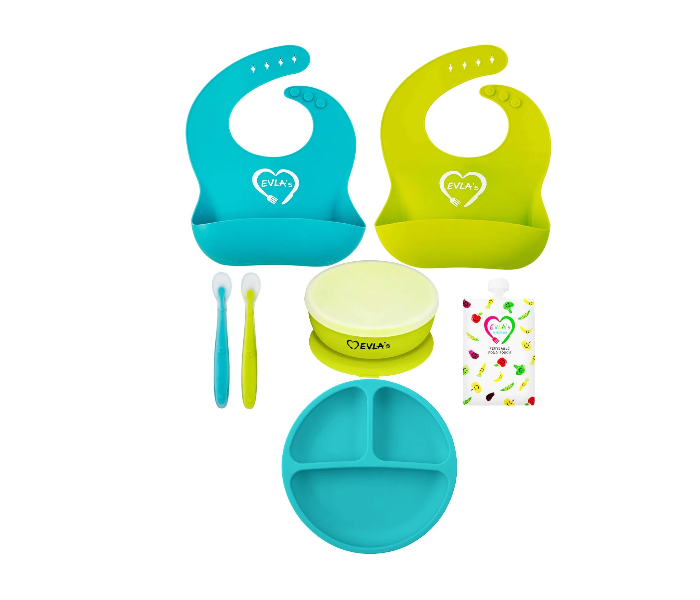 Baby Feeding Set Silicone Bib Plates Bowls Spoons - Blue - Zoom Image