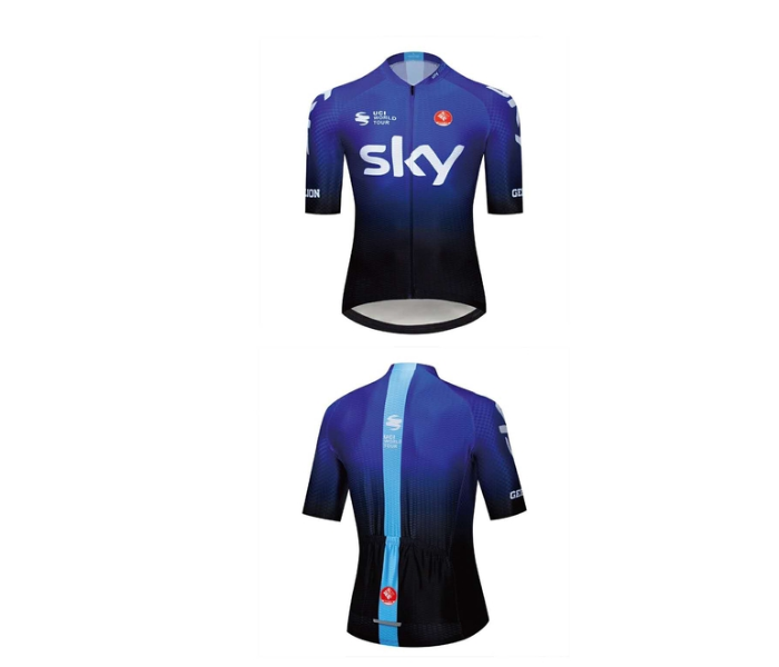 Mens XXL Cycling Jersey Bib Set Full Zip Coolmax Polyester 9D Pad Sky Racing Team Design - Blue and Black - Zoom Image 2