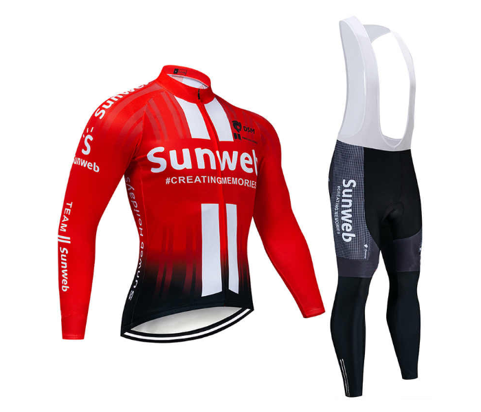 Mens Extra Large Long Sleeve Cycling Jersey Set Full Zip Coolmax Polyester 9D Pad Sunweb Design - Orange - Zoom Image 1