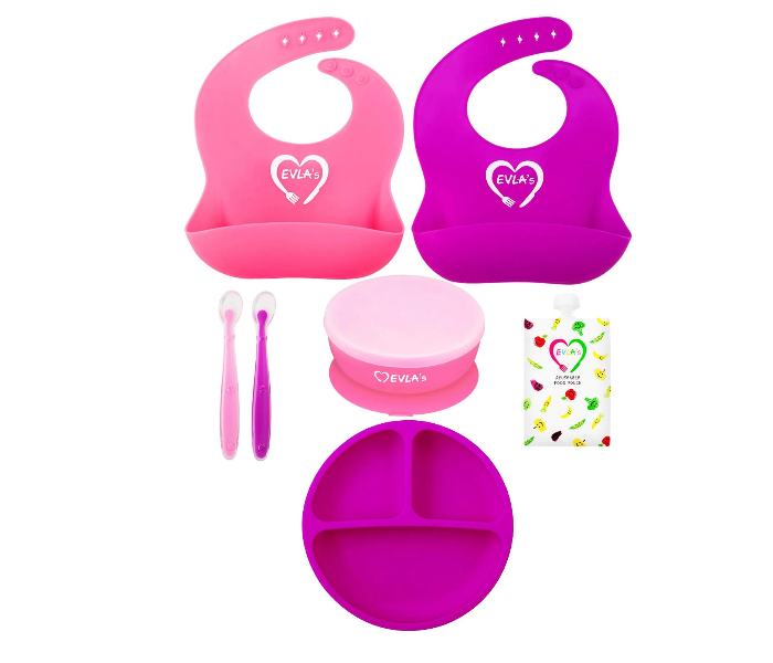 Baby Feeding Set Silicone Bib Plates Bowls Spoons - Pink - Zoom Image