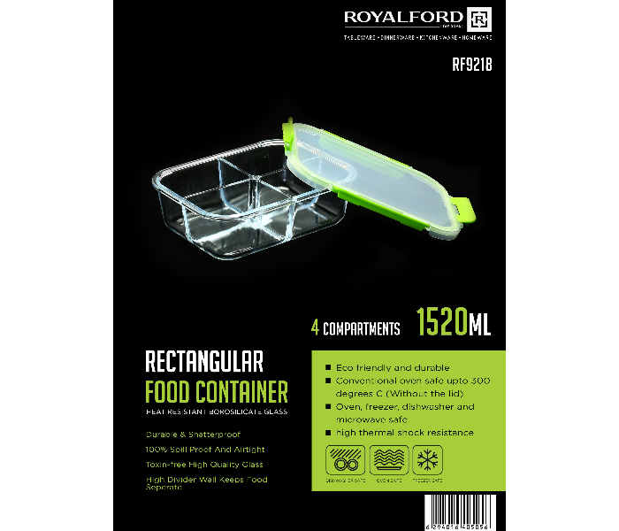 Royalford RF9218 4 Compartment Food Container - 1520 ml, Clear & Green - Zoom Image 3