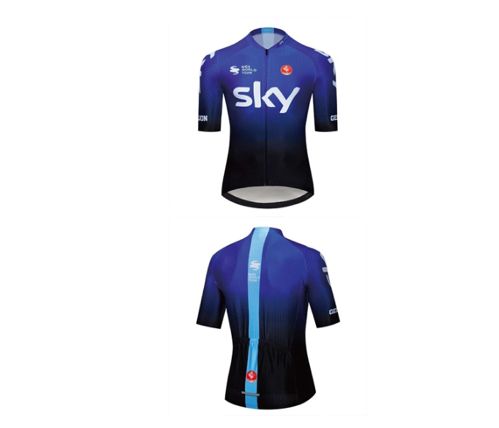 Mens Large Cycling Jersey Bib Set Full Zip Coolmax Polyester 9D Pad Sky Racing Team Design - Blue and Black - Zoom Image 2