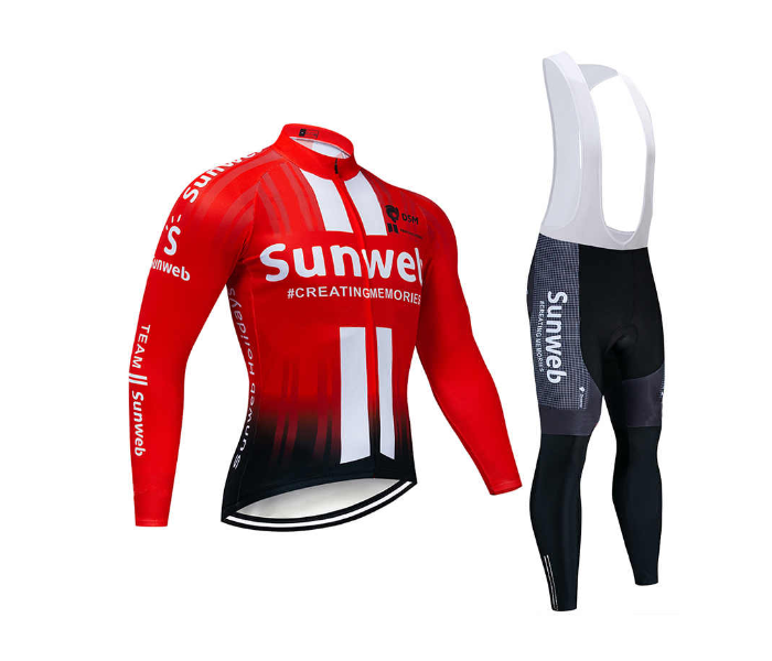 Mens Small Long Sleeve Cycling Jersey Set Full Zip Coolmax Polyester 9D Pad Sunweb Design - Orange - Zoom Image 1