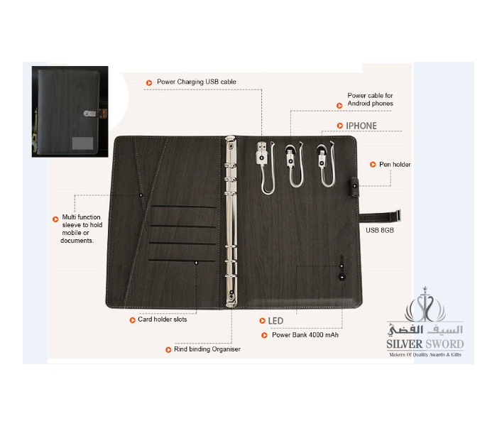 SS PU Leather Notebook With USB And Powerbank With Silver Metal Plate - Black - Zoom Image 2