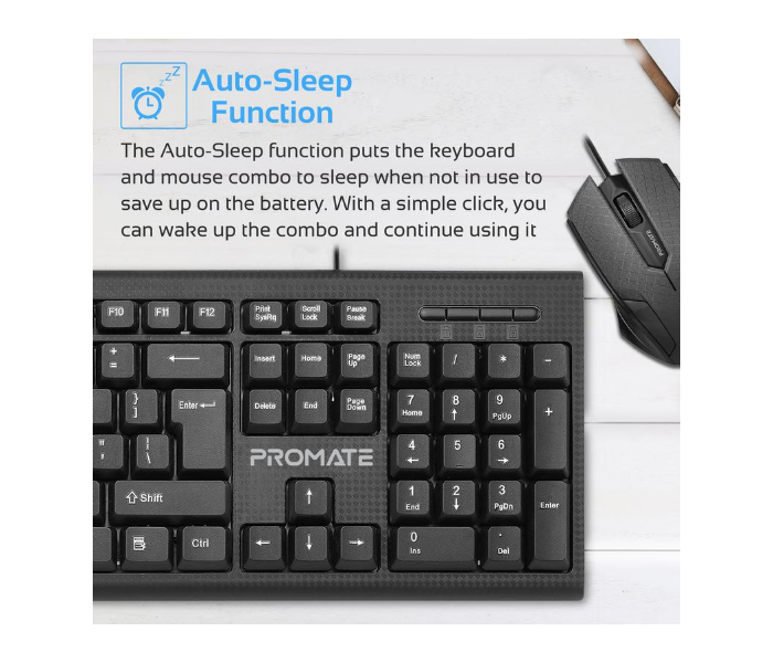 Promate Combo-KM1 Ergonomic Wired USB Full-Size Keyboard and Mouse Combo - Black - Zoom Image 4